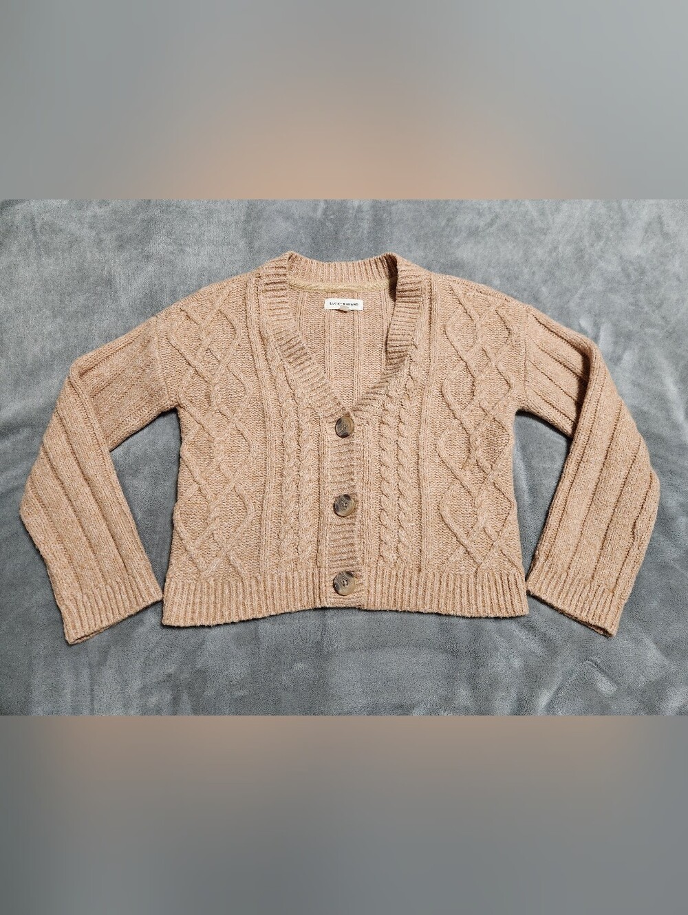 Lucky Brand Tan Cable Knit V-Neck Button Cardigan Sweater Small